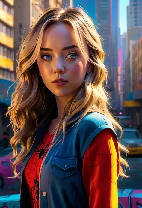 (masterpiece artwork, 8k, uhd, high resolution: 1.4), stylized portrait of sydney sweeney in spider-verse art style, (stylized a...