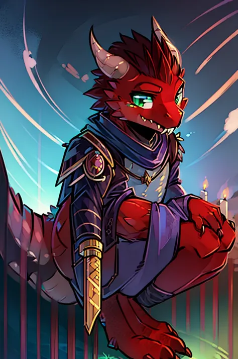 (((male, solo, winged kobold boy, dark red scales,fantasy clothes, artficer,steampunk, dragon wings, dragon tail, small, chibi))), artficer clothes, warm color clothes, fantay clothes,sea green eyes, artficer,small heigth, 54 centimertes heigth,horns, claw...