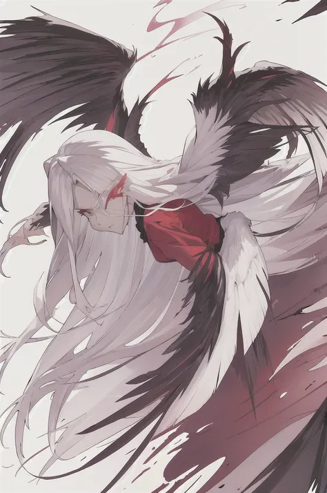 Vaggie, beautiful, dynamic wings and landing pose, solo, perfect anatomy, red shirt, black skirt, white hair, looking at viewer, upper body, white background