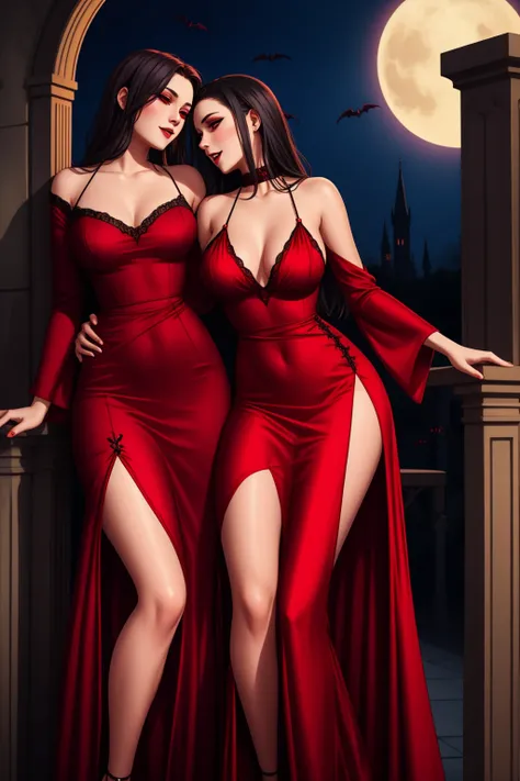 lesbian, seductive, long dress, leg slit, touching, fondling, vampire, 2girls