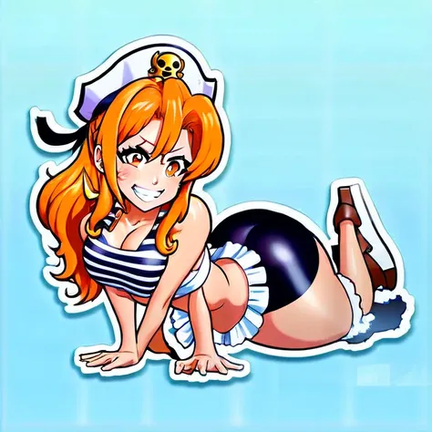 character stickers, sticker, (solid outline:1.3), (nsfw:1.2), a detailed illustration of a vivid sexy nami from one piece kneeli...