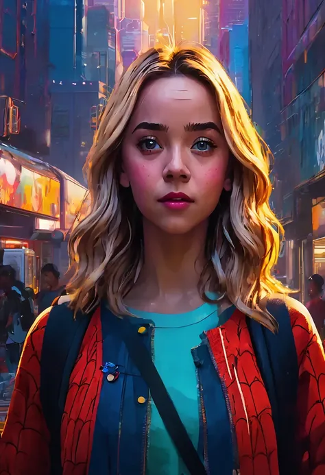 (Masterpiece artwork, 8K, uhd, high resolution: 1.4), stylized portrait of Sydney Sweeney in Spider-Verse art style, (stylized and vibrant features: 1.3), (long and wavy hair, blondes: 1.2), (expressive detailed eyes: 1.2), (modern and dynamic clothing, in...