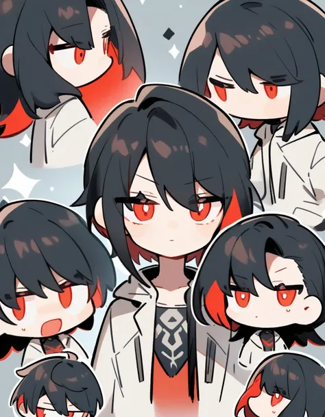 Anime chibi style, portrait, 1boy, androgynous, feminine face, apathetic, black hair, short back hair, long bangs, side parted bangs, red inner hair, coat, jacket, sci-fi