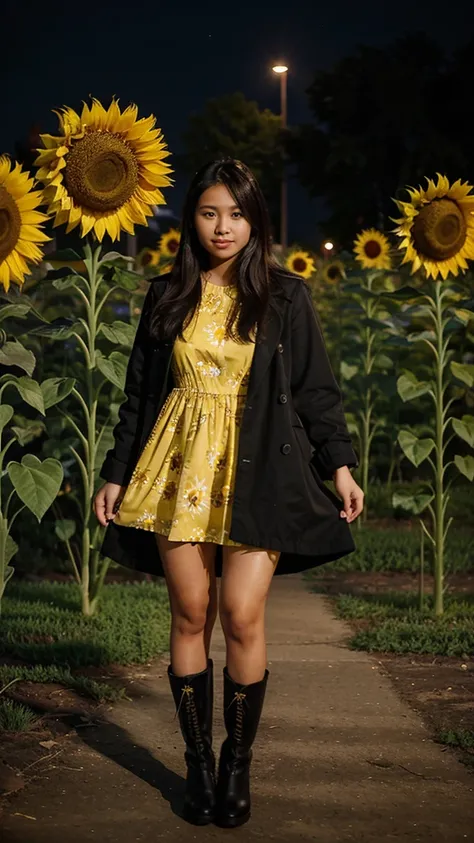 A 25 year old filipina girl wearing a yellow sunflower dress and black long boots the background is nigth and koraen park.