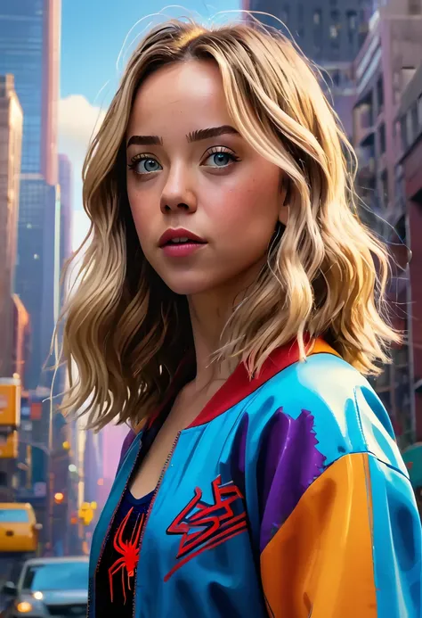 (Masterpiece artwork, 8K, uhd, high resolution: 1.4), stylized portrait of Sydney Sweeney in Spider-Verse art style, (stylized and vibrant features: 1.3), (long and wavy hair, blondes: 1.2), (expressive detailed eyes: 1.2), (modern and dynamic clothing, in...