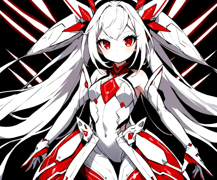 a futuristic magicalgirl, white long hair, red eyes, wearing a tight fitting high detailed clearly futuristic robozic themed magicalgirl outfit