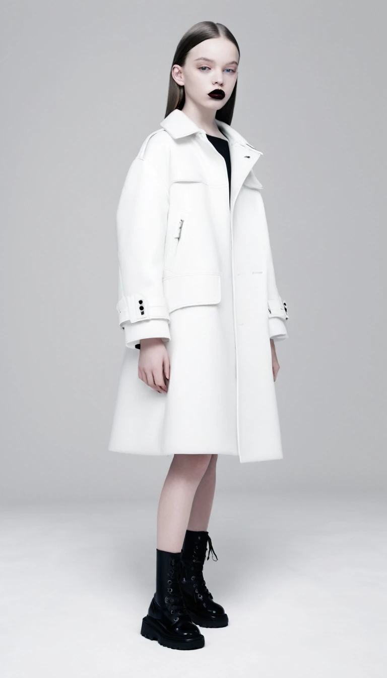 fashion full length photo, 11 years old girl balenciaga mode, with lips apart, ultra white pale skin, light black color, artistic photo, professional photo, perfect cinematic light, full lips, different sides photo