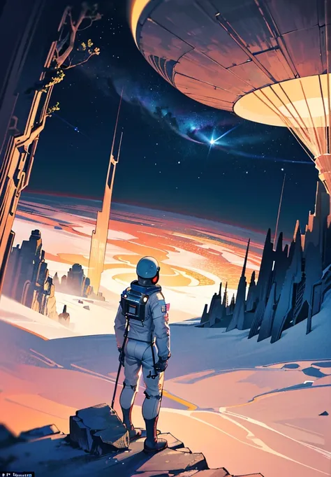 An astronaut stands on the edge of a vast cliff, peering down into an enormous, deep crater that stretches out before them. The Martian night sky is filled with countless stars, casting a gentle glow over the barren, rocky terrain. The depth of the crater ...