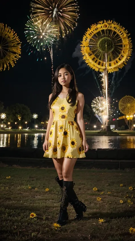 A 25 year old filipina girl wearing a yellow sunflower dress and black long boots the background is nigth and koraen park and fireworks.