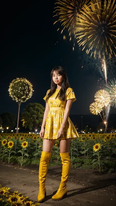 A 25 year old filipina girl wearing a yellow sunflower dress and black long boots the background is nigth and koraen park and fireworks.