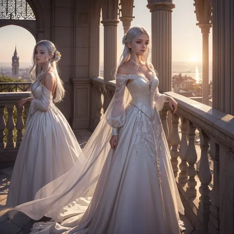 A young girl with silver hair stands gracefully on the balcony of a grand Victorian castle. Her ethereal presence is bathed in the soft glow of the setting sun, casting a golden hue over her flowing gown. She gazes intently into the distance, her eyes fill...