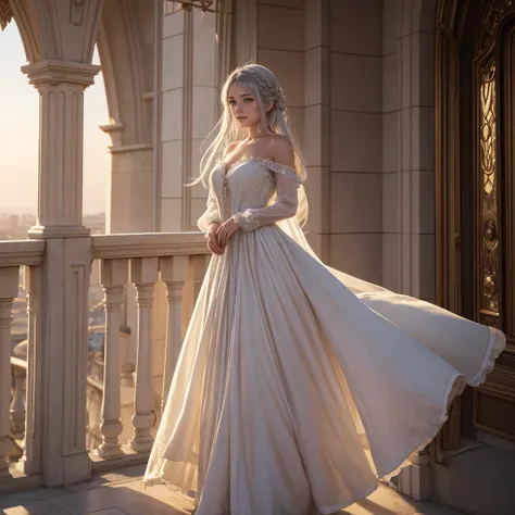 A young girl with silver hair stands gracefully on the balcony of a grand Victorian castle. Her ethereal presence is bathed in the soft glow of the setting sun, casting a golden hue over her flowing gown. She gazes intently into the distance, her eyes fill...