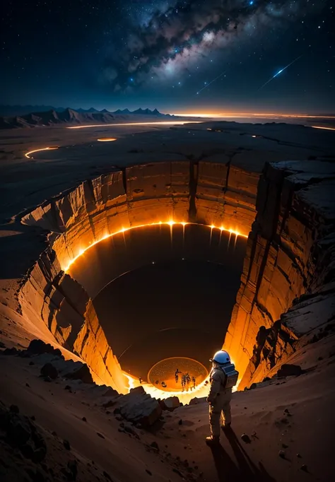 An astronaut stands on the edge of a vast cliff, peering down into an enormous, deep crater that stretches out before them. The Martian night sky is filled with countless stars, casting a gentle glow over the barren, rocky terrain. The depth of the crater ...