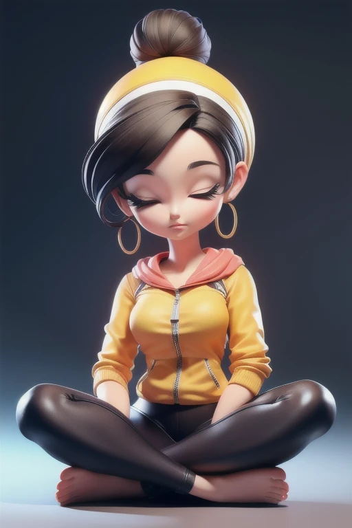 ((best qualityer)), ((work of art)), (detailded), woman in leggings and top meditating, yoga, sitting, Impatience facial expression, hair tied in a bun,  divertida, cartoon-like  