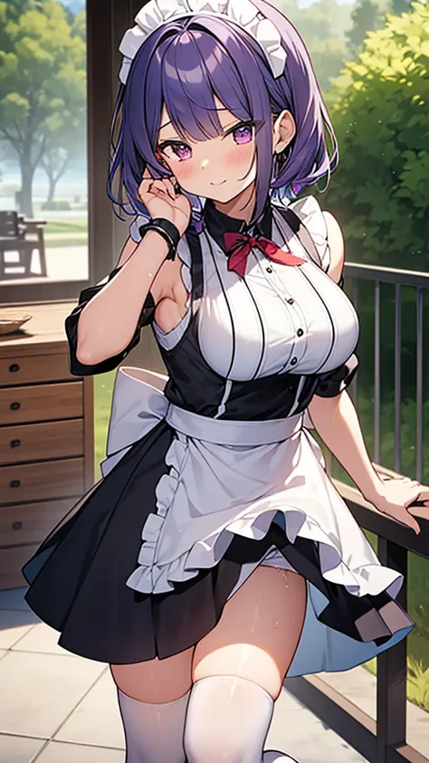 最high quality, high quality, Super detailed, 32k, Ultra-detailed details, waitress(only, Standing, pretty girl, beautiful purple hair, short hair, Beautiful RED eyes, mature, Big Breasts, A light smile, Off-the-shoulder sleeveless Summer メイド服, Summer casua...