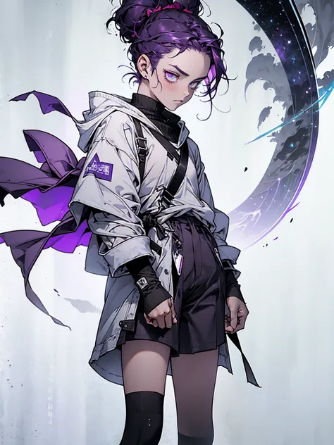 boy. thoughtful look. open forehead. black and purple hair tied in a bun on the left side to one side. winding black horns wrapped in white ribbon. white violet eyes. in short dark purple shorts. long white T-shirt. dark purple knee-high socks. dark purple...