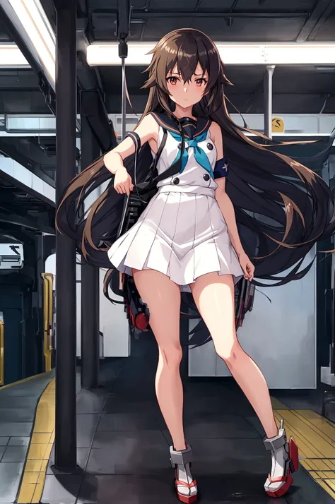 anime girl with long hair walking on a train platform, kantai collection style, railgun, konpeki no kantai, kantai collection arcade, kancolle, makoto shinkai style, anime visual of a cute girl, makoto shinkai art style, beautiful anime high school girl, a...