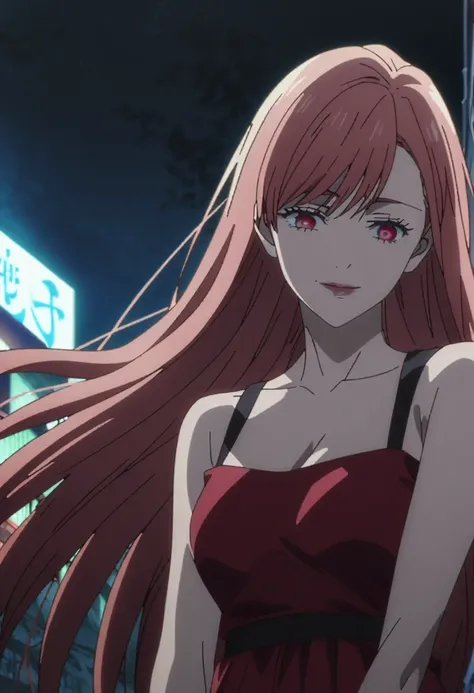 1girl, female gojo satoru, anime screencap from jujutsu kaisen, gojo satoru female version, solo, very long straight red_hair, ((smooth texture hair)) Red eyes ((very long red_hair)), night view, breasts, upper_body, smile, bangs, Red_eyes, lips, () (( ver...