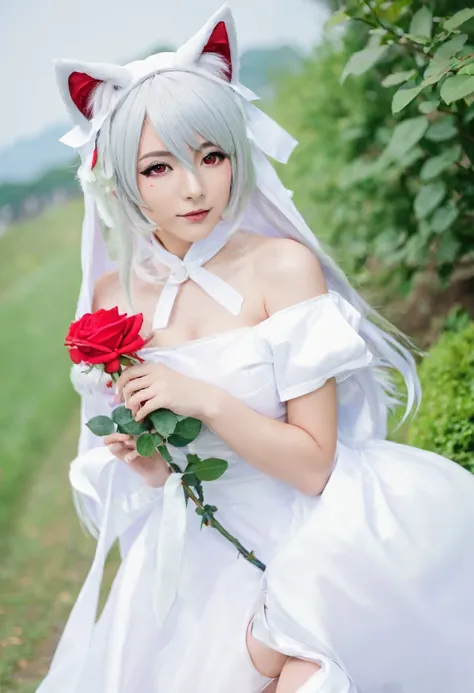 there is a woman with a white dress and a red rose in her hair, anime cosplay, anime girl cosplay, cosplay photo, anime style mixed with fujifilm, cosplay, white haired deity, a beautiful kitsune woman, cosplayer, white cat girl, girl silver hair, nekomimi...