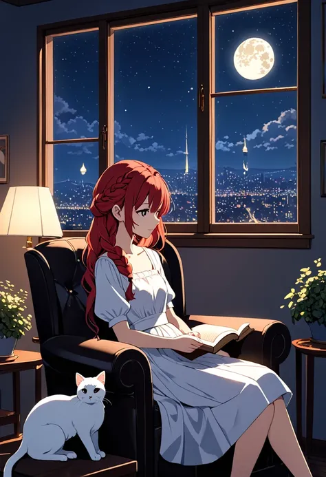 A beautiful 22-year-old woman with a perfect face, long, red hair styled in a braid, and captivating black eyes sits curled up in a plush armchair near a window, completely absorbed in reading a worn leather-bound book. Moonlight streams softly through a l...