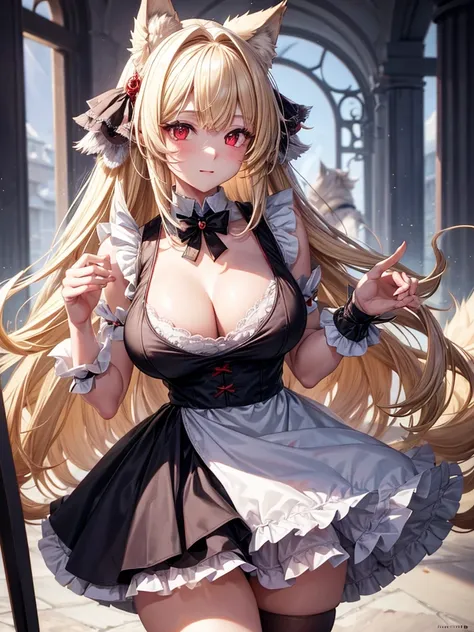 Female wolf, wears short maid clothes showing her panties, has long fluffy blonde hair, has red eyes, has large breasts, He has wolf ears and a wolf tail.