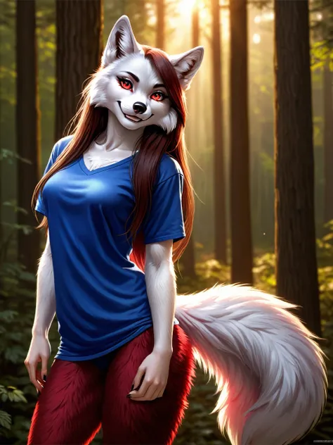 Posing, Female, 30 years old, cute, eyeliner, long hair, biting lip smile, blue shirt, bedroom eyes, anthro, wolf ears, (white fur:1.5), baggy shirt, wolf, forest background, 8k, hi res, (best quality, masterpiece), red glowing eyes, (wolf tail:1.5), (deta...