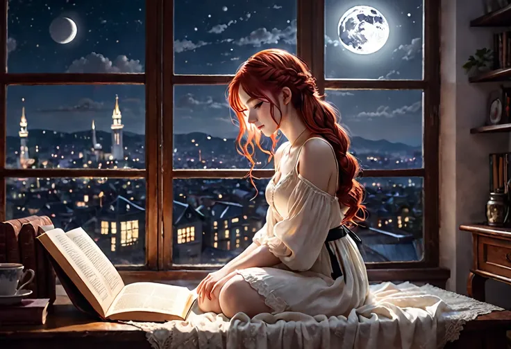 A beautiful 22-year-old woman with a perfect face, long, red hair styled in a braid, and captivating black eyes sits curled up in a plush armchair near a window, completely absorbed in reading a worn leather-bound book. Moonlight streams softly through a l...