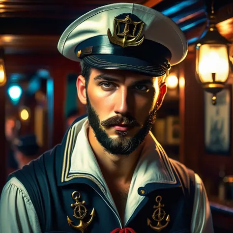 
handsome man, trimmed beard, charismatic, mysterious, worried look, dressed as a sailor, sailors jacket, sailors cap, at night, enters the entrance of a tavern, three quarter face, lovecraft art