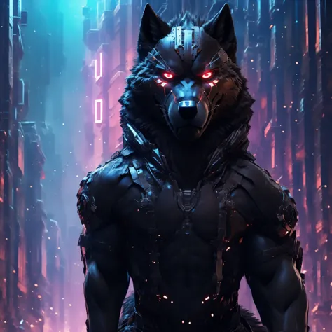 posing, male, 30 years old, snarl, visor, purple glowing eyes , anthro,  wolf ears, (black fur:1.5), cyber wolf, city background...