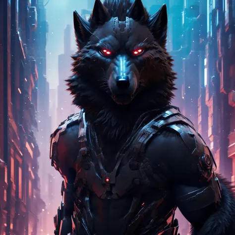 posing, male, 30 years old, snarl, visor, purple glowing eyes , anthro,  wolf ears, (black fur:1.5), cyber wolf, city background...