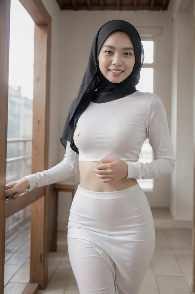 (8K, RAW Photo, Best Quality, Masterpiece: 1.2), (Realistic, Realistic: 1.37), a 20 year women, mosque background with a lot of people, indonesian girl, wear hijab, perfect face, full body, the most beautiful woman in the world, perfect body, all hair is c...