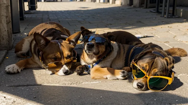 There is a dog lying on the floor, in sunglasses, in the sun, with sunglasseses, Safety glasses around the neck, in a street café, wearing cool sunglasses, having fun in the sun, very sunny weather, Cyborg dog, intense sunlight, with sunglasses, Slightly s...