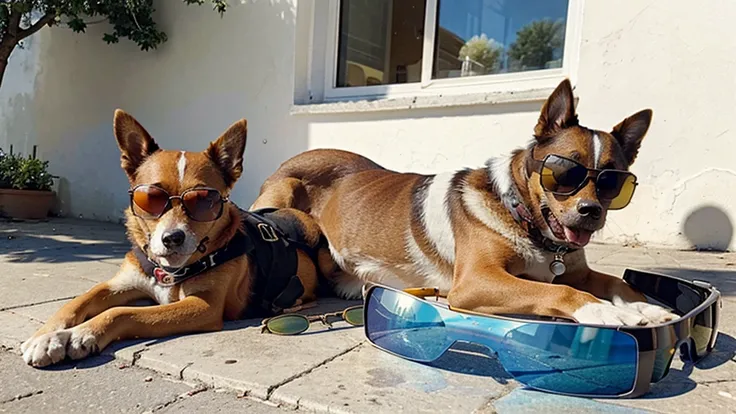 There is a dog lying on the floor, in sunglasses, in the sun, with sunglasseses, Safety glasses around the neck, in a street café, wearing cool sunglasses, having fun in the sun, very sunny weather, Cyborg dog, intense sunlight, with sunglasses, Slightly s...