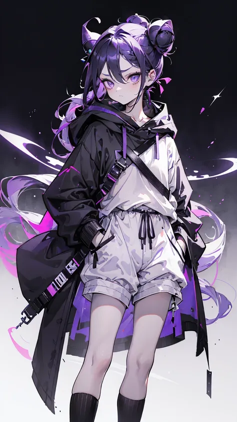 boy. thoughtful look. open forehead. black and purple hair tied in a bun on the left side to one side. winding black horns wrapped in white ribbon. white violet eyes. in short dark purple shorts. long white T-shirt. dark purple knee-high socks. dark purple...