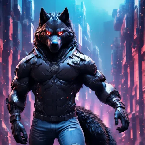 posing, male, 30 years old, snarl, visor, purple glowing eyes , anthro,  wolf ears, (black fur:1.5), cyber wolf, city background...