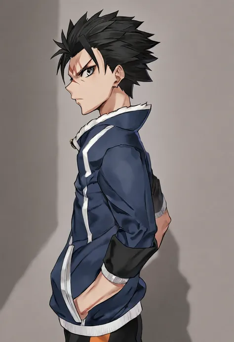 My hero academia, Athletic teenager, lean build. short, spiky black hair tilted backwards, sharp, dark grey eyes. a small scar on his left eyebrow, U.A. High  with a custom blue and black jacket over it.