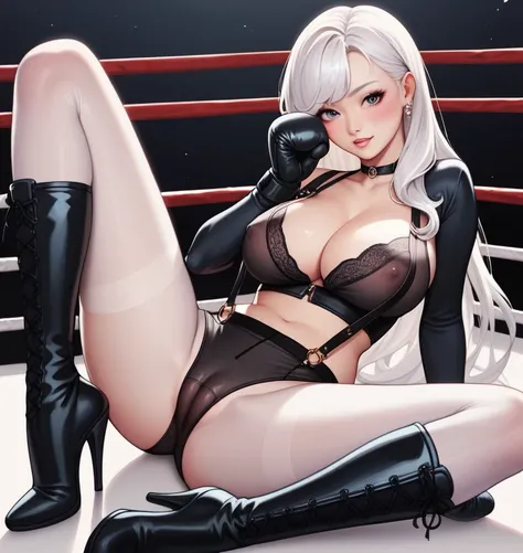 korean beautifull girl，18 years old,Pretty Face，Good shape，detailed picture, Expression， blush，White long hair, Wearing suspenders，Wear black pantyhose，high-heel boots, Wearing black boxing gloves，Black sleeves on arms, Sitting in the boxing ring，Large Bre...