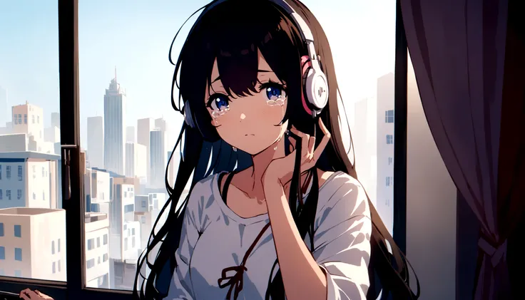 Are crying、On the front、midnight、A beautiful girl in casual clothes studying while listening to music with headphones in her room。Dim lighting。Outside the room, there are many tall buildings.。Japanese anime style。