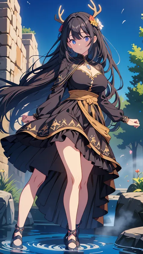 best quality, extremely detailed, anime style adult 1girl, long hair down to the waist, straight hair, ((dark black hair with bluish)),crown braid,beautiful detailed eyes, pinched eyes, dark blue eyes, huge breasts,curvy,(((deer motif magical dress))),long...