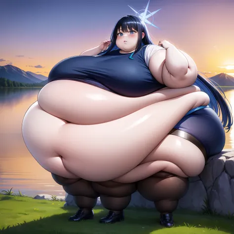 saori joumae, blue eyes, blue hair, halo, long hair,, rule_of_thirds, 1 girl, obese, (obese belly):1.6, (obese legs):1.5, fat ro...