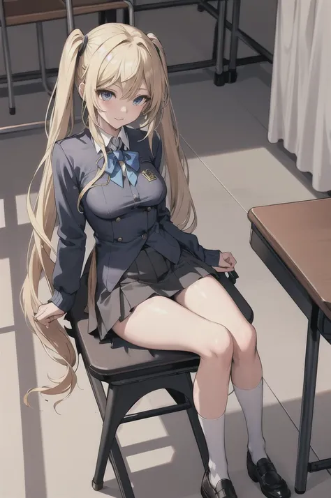 (masterpiece:1.2, best quality), 1lady, solo, , classroom, day, sit, blonde, twintails, blue eyes, very tiny miniskirt, gray pantyhose,  (open breasts:1.1),