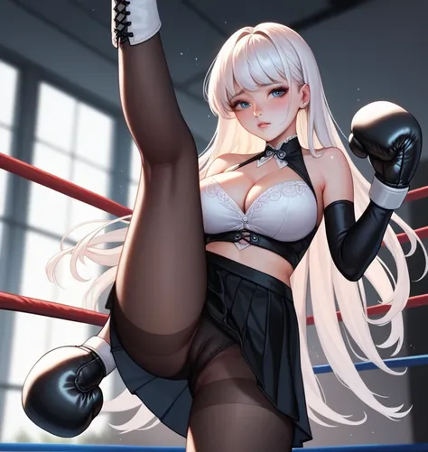 korean beautifull girl，18 years old,Pretty Face，Good shape，detailed picture, Shy expression， blush，White long hair, Wear a gauze skirt，Wear black pantyhose，high-heel boots, Wearing black boxing gloves，Black sleeves on arms, Side kick in the boxing ring，Lar...