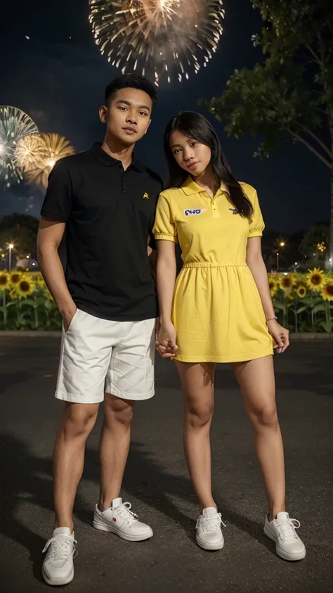 A 25 year old filipina couple wearing a yellow sunflower dress and white sneakers and the boy wearing a black polo shirt and white jeans and sneakers and holding each other.the background is nigth and koraen park and fireworks.