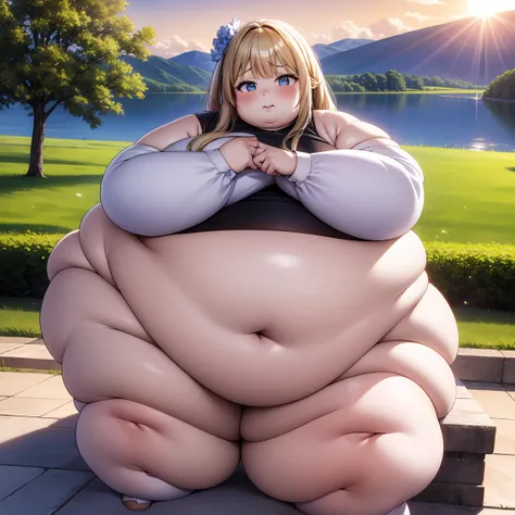 Rule_of_thirds, 1 girl, obese, (obese belly):1.6, (obese legs):1.5, fat rolls, SSBBW Adeline body, Serene expression, mesmerizing eyes, straight long hair, flowing dress, poised posture, porcelain skin, subtle blush, crystal pendant
BREAK
golden hour, (rim...