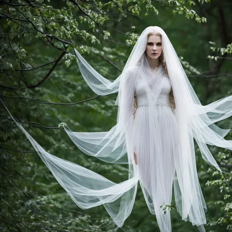 classic ghost, white translucent female, entangled in tree branches, twilight