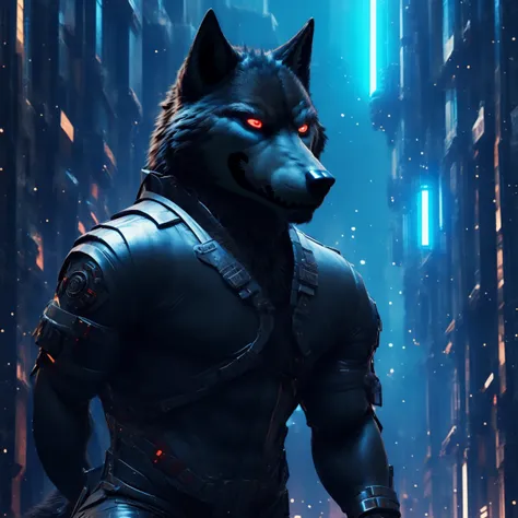 posing, male, 30 years old, evil grin, visor, blue glowing eyes , anthro,  wolf ears, (black fur:1.5), cyber wolf, city backgrou...