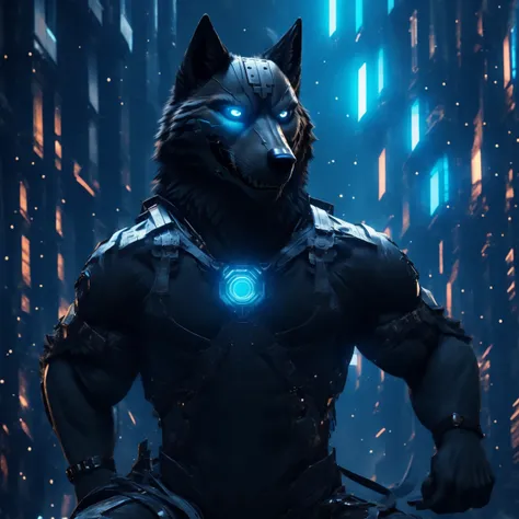 posing, male, 30 years old, evil grin, visor, blue glowing eyes , anthro,  wolf ears, (black fur:1.5), cyber wolf, city backgrou...