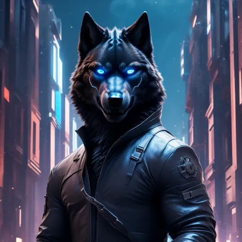 posing, male, 30 years old, evil grin, blue glowing eyes , anthro,  wolf ears, (black fur:1.5), cyber wolf, city background, 8k,...