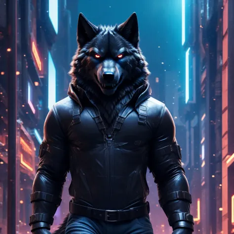 posing, male, 30 years old, evil grin, blue glowing eyes , anthro,  wolf ears, (black fur:1.5), cyber wolf, city background, 8k,...