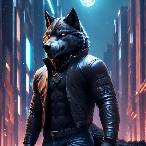 posing, male, 30 years old, evil grin, blue glowing eyes , anthro,  wolf ears, (black fur:1.5), cyber wolf, city background, 8k,...